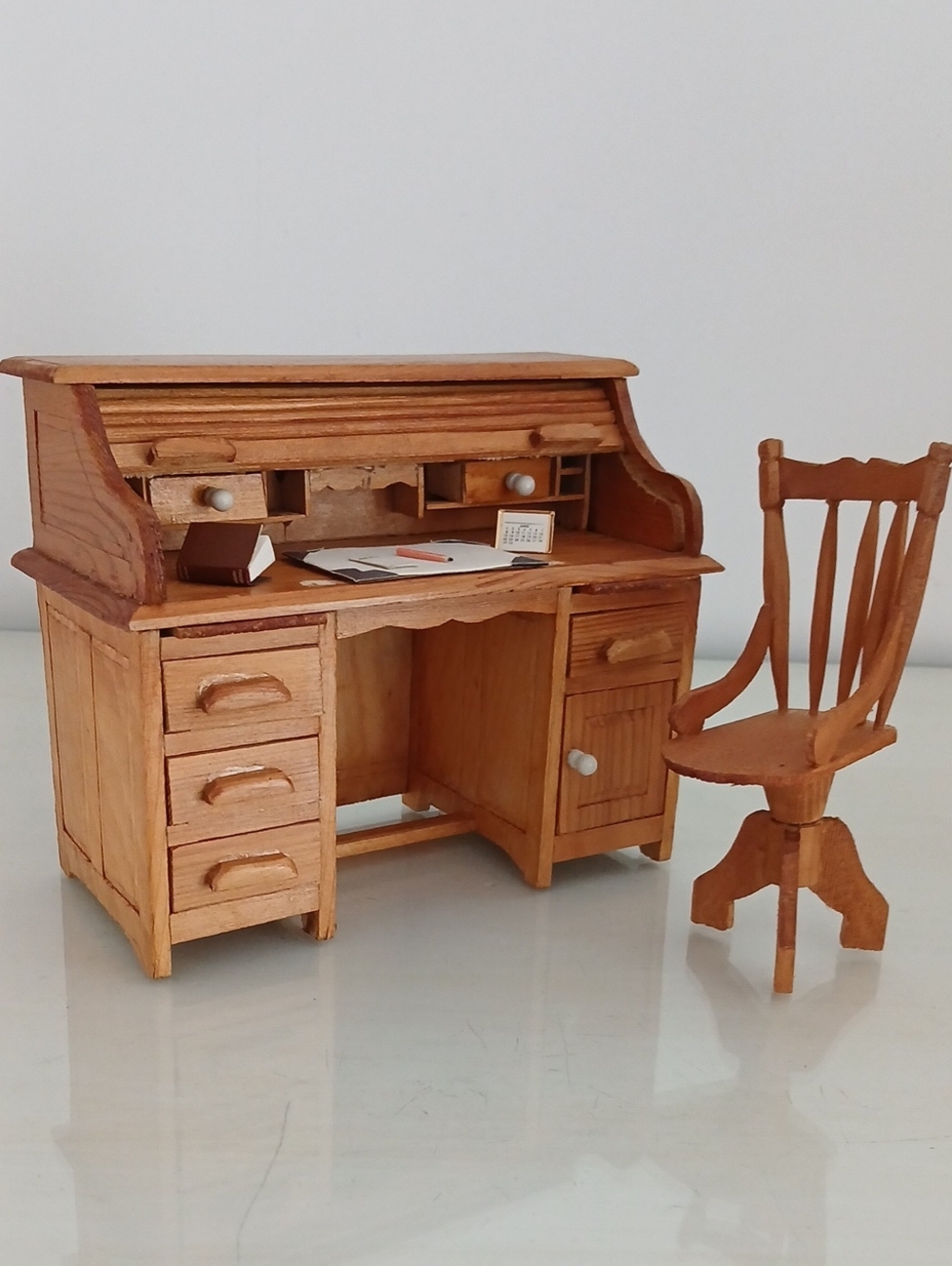Miniature Wooden Rolltop Desk Swivel Chair 5 Desk Accessories Vintage 1960s